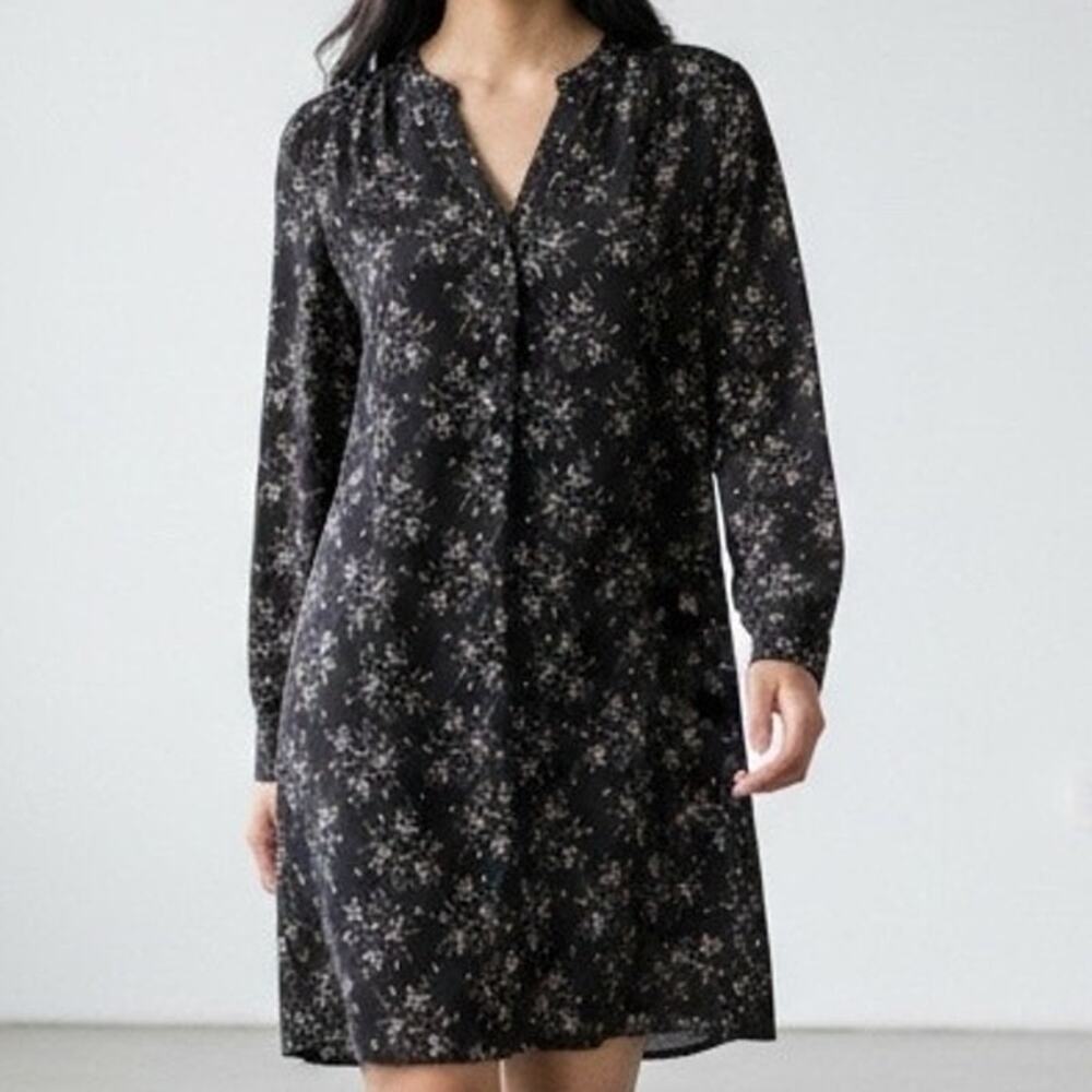 Loft Georgette Shift Dress Women 14 Gray Floral Roll Tab Sleeve